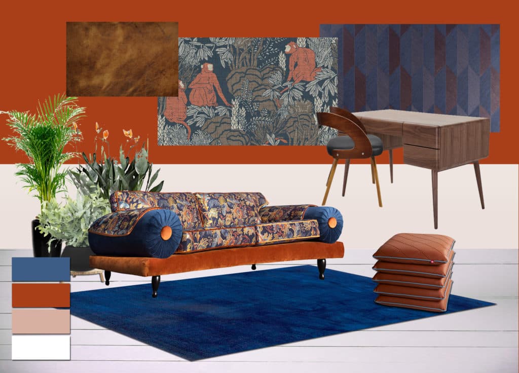 kleur in je bedrijf - moodboard bruin en blauw voor kantoor of hotellobby
