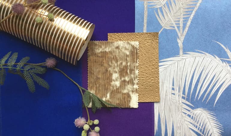 Een Boutique Hotel interieur design moodboard paars blauw